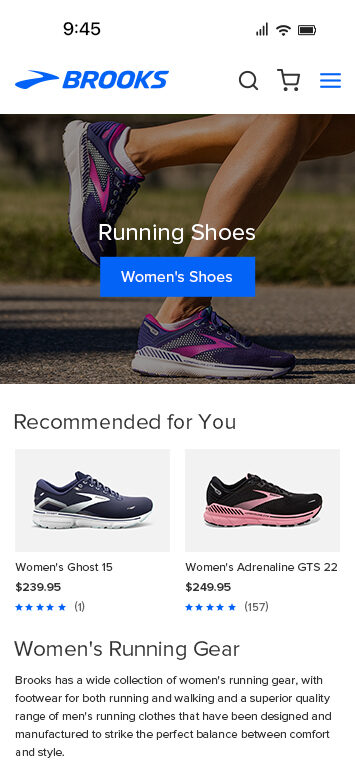Brooks Running website in a mobile view screenshot